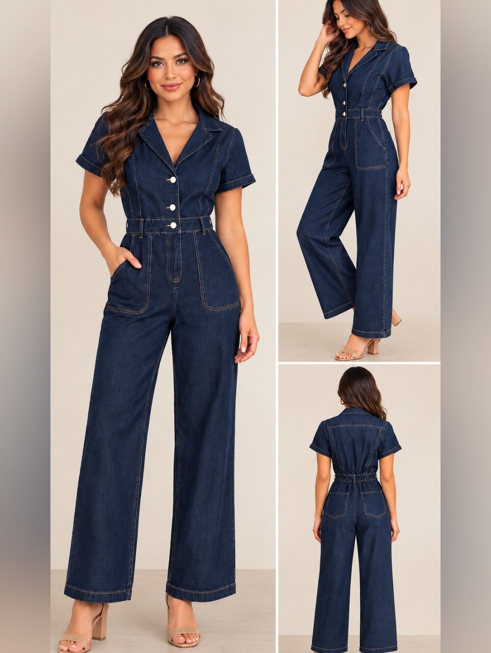 Wide-Leg Dark Blue Denim Jumpsuit